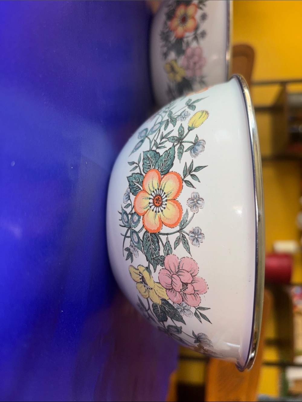 Vintage White Floral Enamel Mixing Bowls with Yellow, Pink, Orange Flowers - Picture 4 of 6